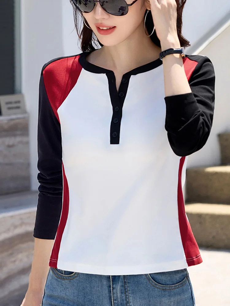 New Women Long Sleeve T-shirt Spring Autumn Fashion Contrast Color O-Neck Daily Casual T-shirt Basic Slim Pullover T-shirt