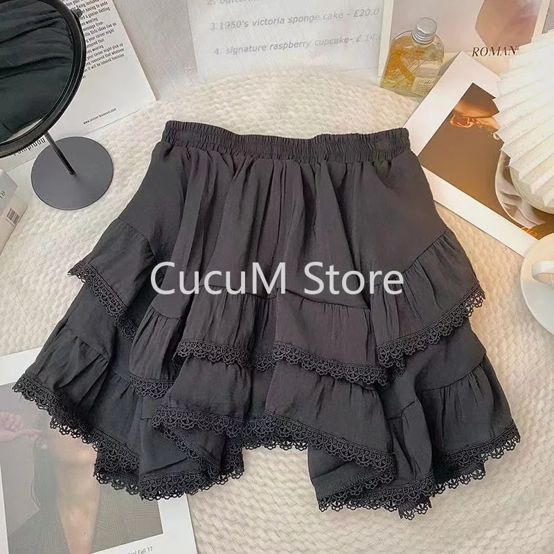 Rok musim panas Mini lucu Ruffle tak beraturan rok wanita Faldas Mujer De Moda tambal sulam renda Jupe Korea Saia mode rok putih manis