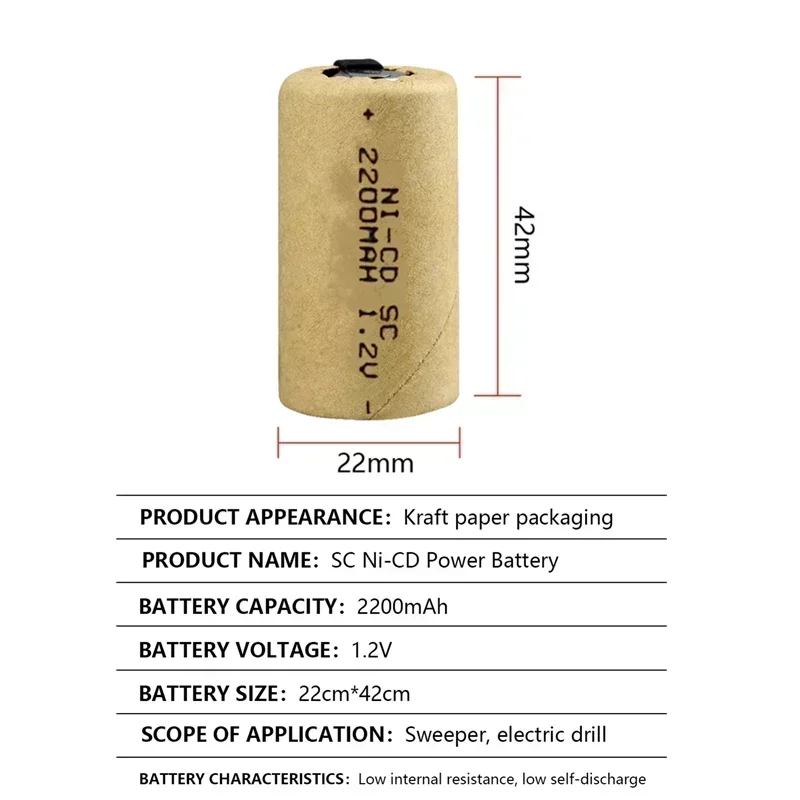 Batería de 1,2 V SC, célula de NI-CD Sub C de 1,2V2200mAh con lengüetas soldadura para perforadora, destornillador, baterías DIY