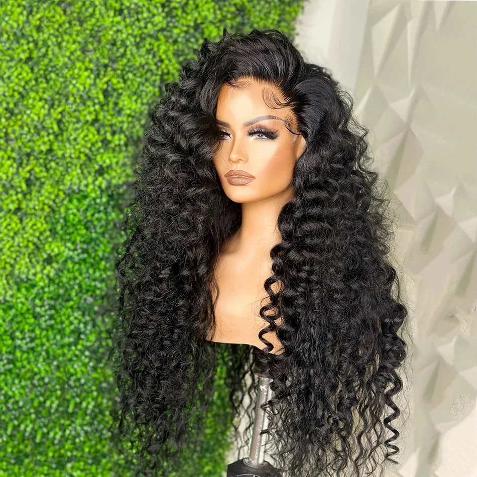 Long 26inch Glueless Natural Black Kinky Curly 180Density Deep Lace Front Wig For Women With Baby Hair Preplucked Daily use