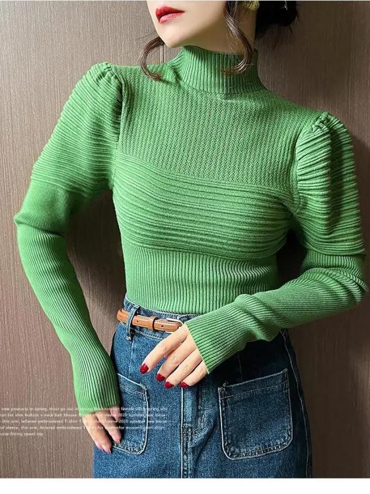 Elegant Solid Basic Knitted Tops Women Turtlneck Sweater Puff Sleeve Casual Slim Pullover Korean Fashion Simple Chic Clothes