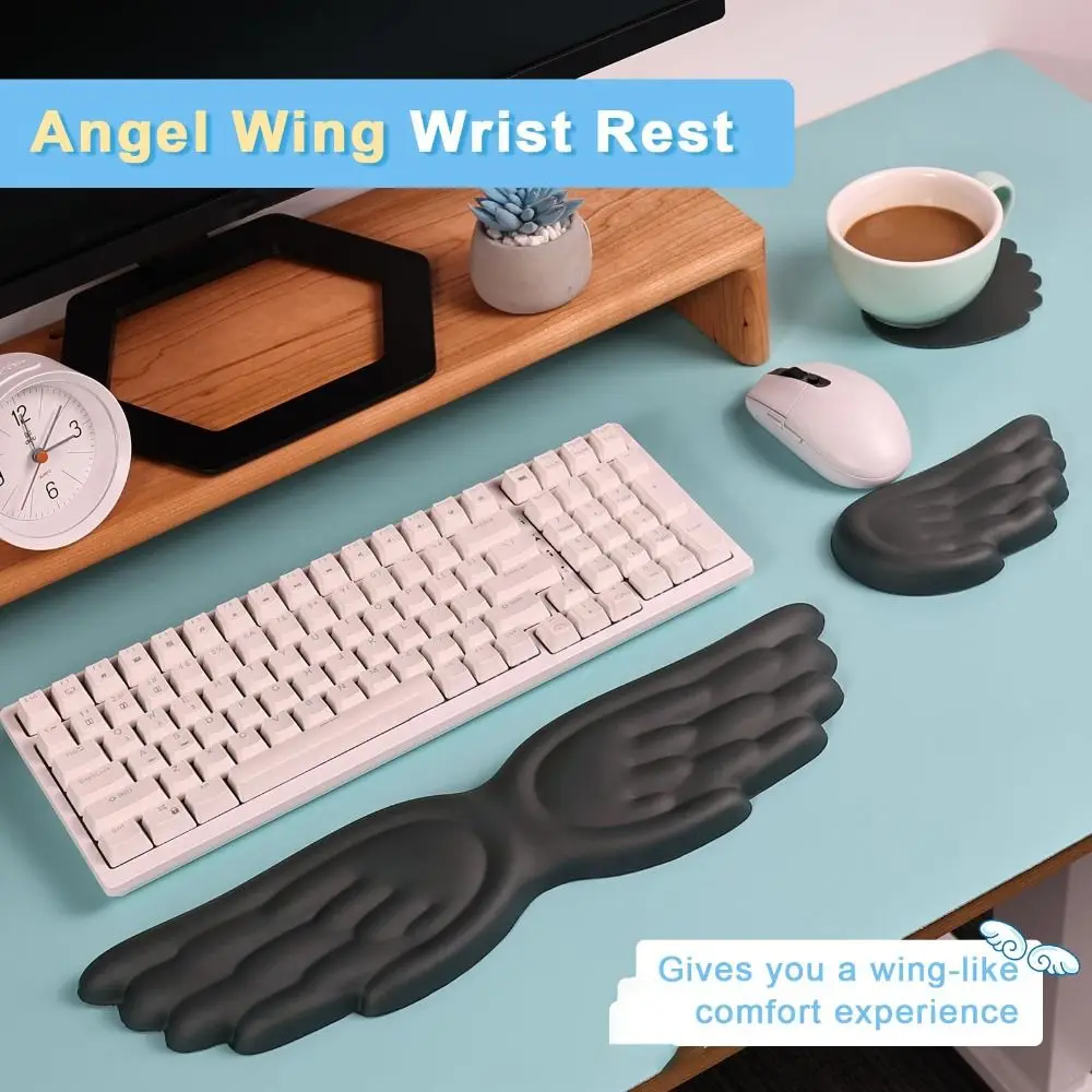 New Angel Wing Mouse Wrist Rest Set Memory Foam Non-Skid Mouse Pad Silicone Ergonomic Wrist Support for Office and Gaming