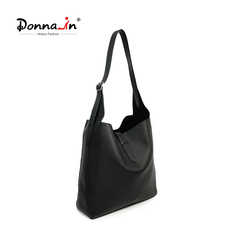 Donna-in Women Hobo Shoulder Bag Full Grain First Layer Cowhide Leather Bucket Bag Ladies Large Capacity Tote Bag Fashion