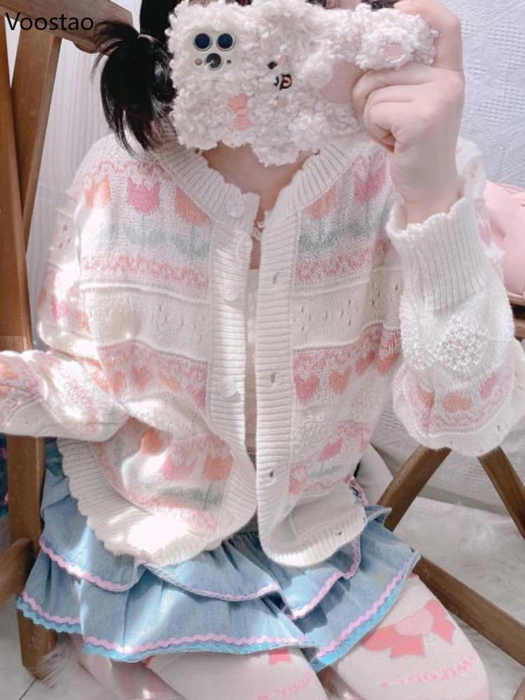 Kawaii Lolita Cardigan Women Japanese Sweet Floral Spring Autumn Loose Long Sleeve Sweater Coat Female Hollow Out Knitwear Tops