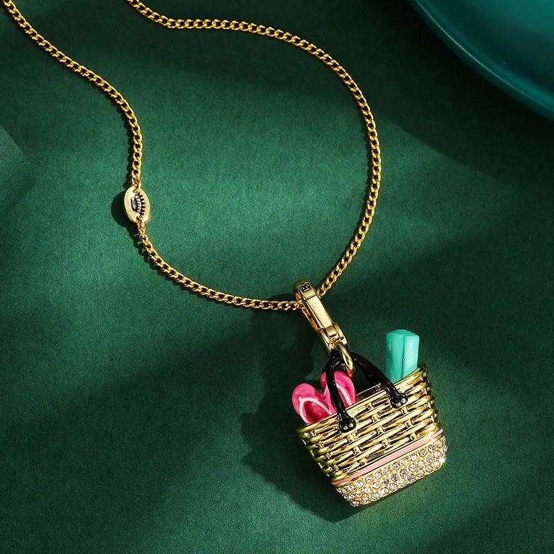 Beach Bag Slipper Yoga Mat Pendant Necklace Enamel Glaze Woven Basket Charm Choker Summer Vacation Trendy Jewelry Gift