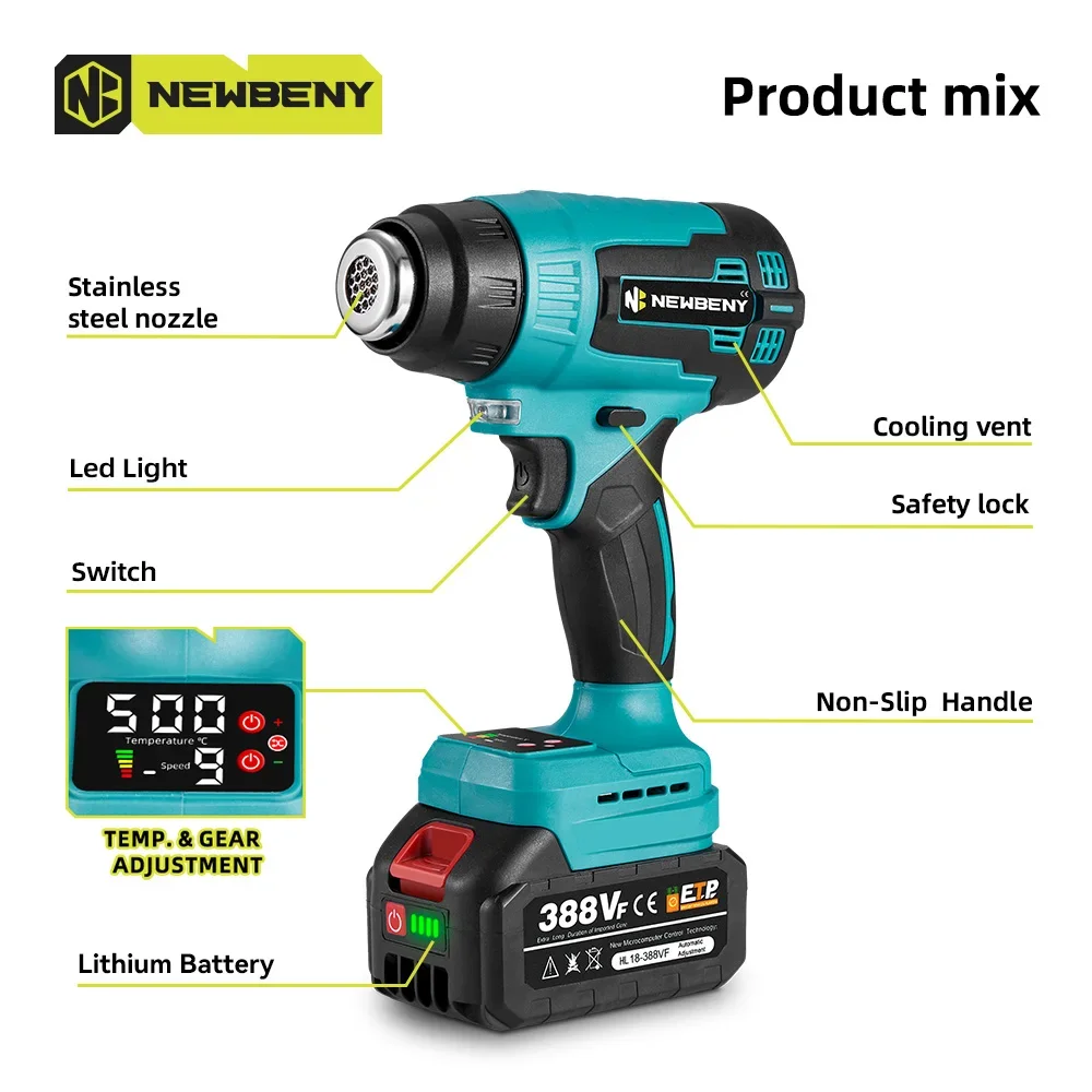 NEWBENY 500℃ Electric Hot Air Gun 9Gears with LED Display Cordless Rechargeable Industrial Household Tool For Makita 18V Battery