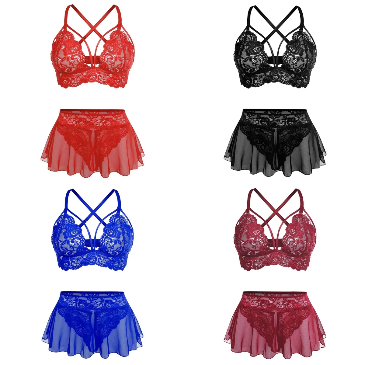 

Сексуальный комплект нижнего белья для женщин: кружевной бюстгальтер, мини-юбка и стринги с цветочным узором, прозрачный эротический костюм с открытой промежностью