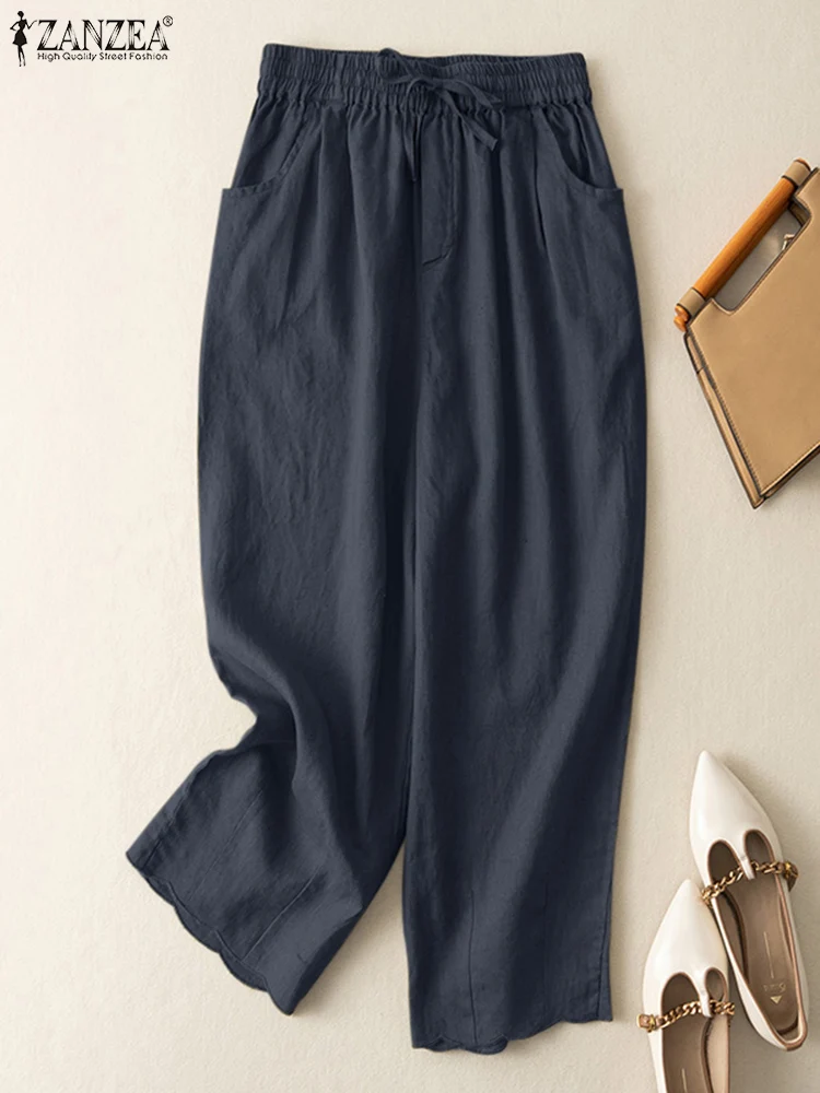 

Oversize Turnip ZANZEA 2024 Summer Trousers Women Vintage Elastic Waist Cotton Long Pantalon Palazzo Casual Loose Wide Leg Pant