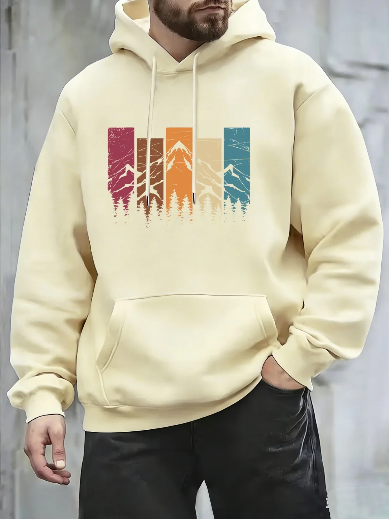 Minimal Mountain Forest Print Men Navy Hoodie Vertical Color Bar Nature Scene Graphic Soft Loose Daily Outdoor Hooded Pullover