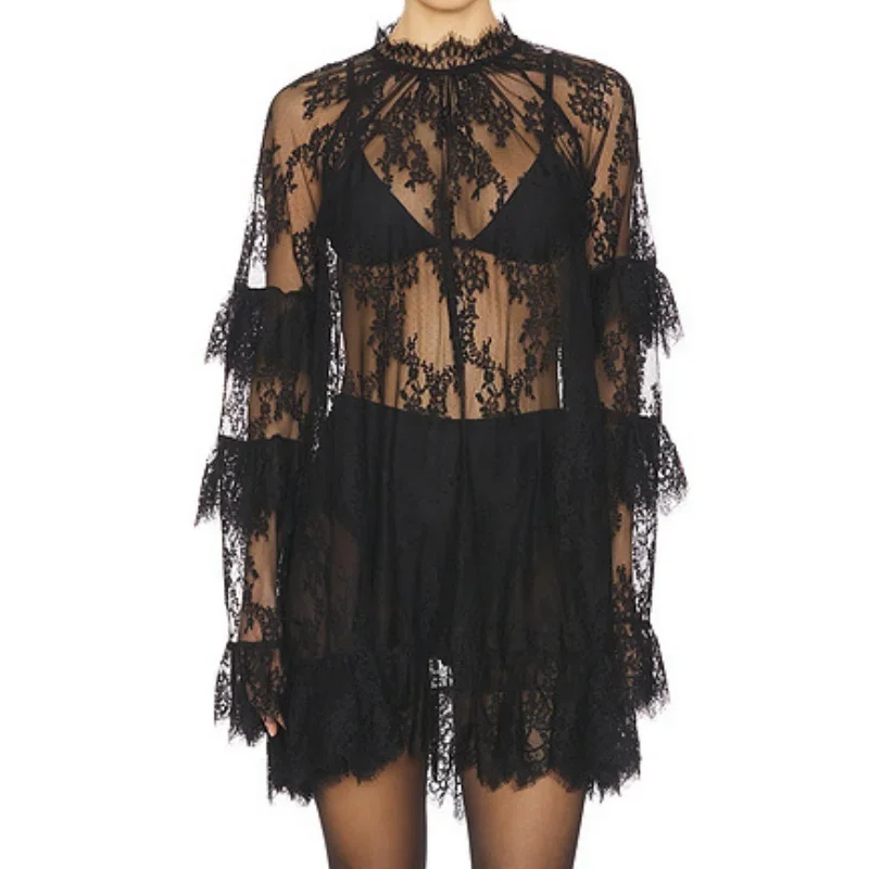 섹시 시스루 수영복 여성용 레이스 자수 스탠드 칼라 긴팔 비키니 커버업 2025 휴가 비치 드레스