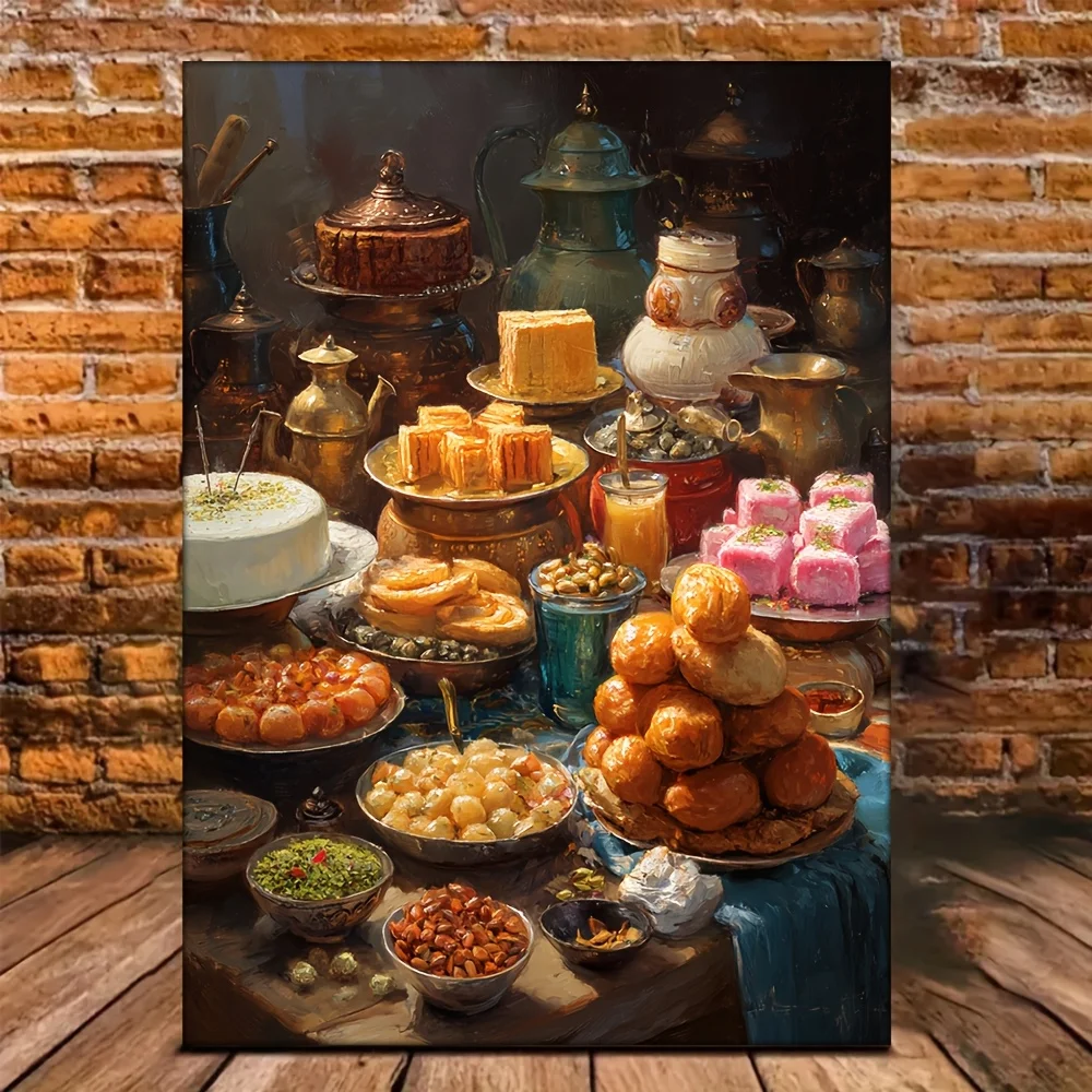 (No frame)1pc Framed Indian Ramadan & Eid al-Fitr Wall Art - 12x16 Inch Traditional Indian Sweets & Baking Painting with Lado