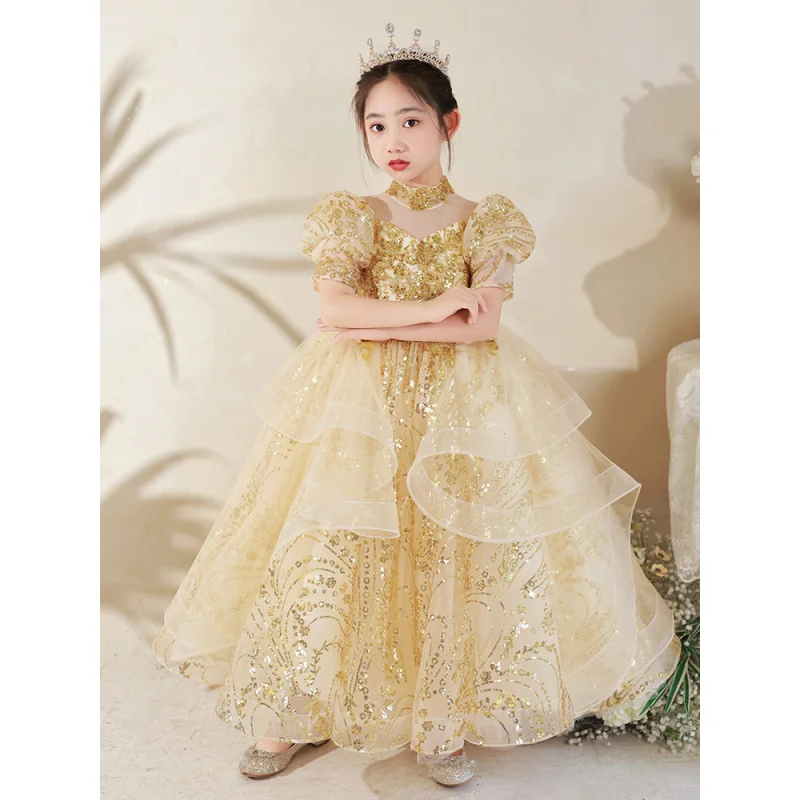 High-end Children's Formal Dress Princess Dress Stylish Girls2025New Host Golden Catwalk Piano Performance Costume Spring