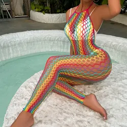 Hot Sexy Colorful Fishnet Bodystockings for Women Erotic Rainbow Transparent Mesh Lingerie Bodysuit Teddys Porno Sexy Lingerie