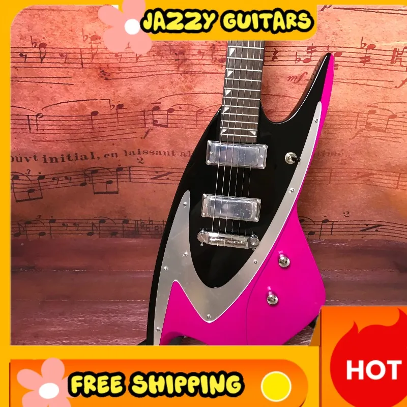 Pink Black Split Flying V king Electric Guitar, Silver Decor Pickguard Dual Humbuckers, Hard Rock Band Live 1958 Guitar