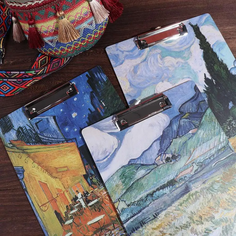 With Low Profile Gold Clip A4 File Folder Writing Sheet Pad Document Folder Paper Organizer Van Gogh Oil Painting Writing Pad