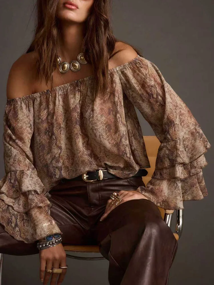 Retro Western Boho Brown Snake Print Blouse Off Shoulder Ruffle Flare Sleeve Flowy Chiffon Casual Vacation Wear