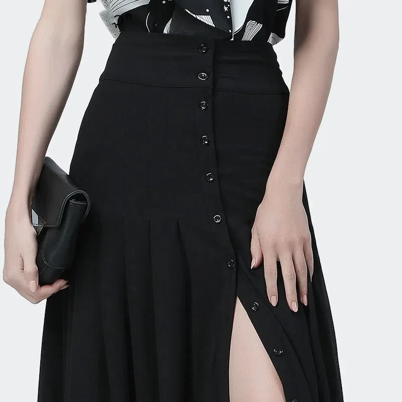 Summer Chiffon Pleated Skirt High Waist Slim A-line Skirt Women High Quality Elegant Over-the-knee Slit Ladies Long Skirt Party