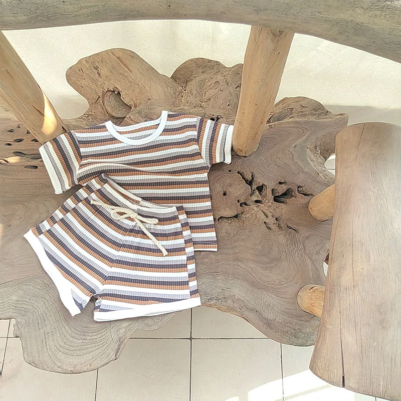 

New Summer Baby Clothes Set Boys Simplicity Stripe Round Neck T-shirt + Striped Shorts breathable casual girl short sleeved s