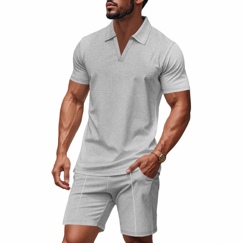 

Cross-border men's clothing summer new oversize heavy waffle lapel Polo short-sleeved suit