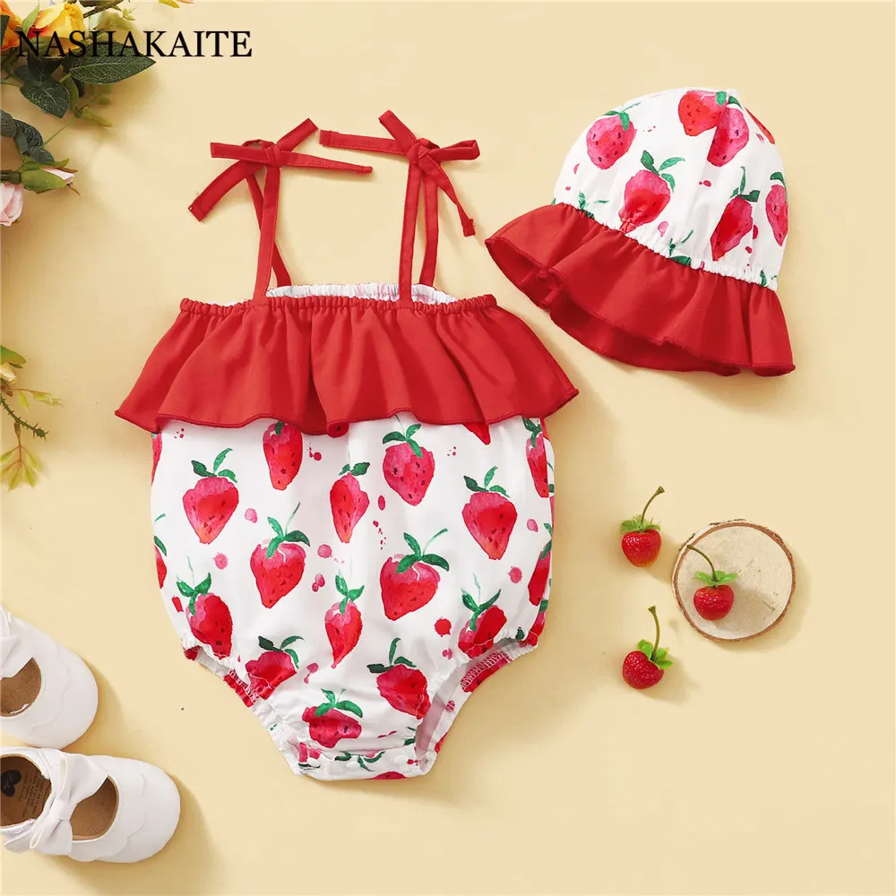 

Newborn Baby Girls Clothes Sets Strawberry Print Sling Romper+Western Style Cute Little Hat Summer Children's Clothing Girls