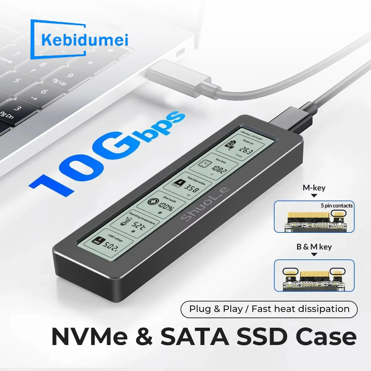 Dual Protocol M.2 NVME/NGFF 10Gbps SSD Enclosure with Display Screen Intelligent Digital Health Detection USB Type C SSD Adapter