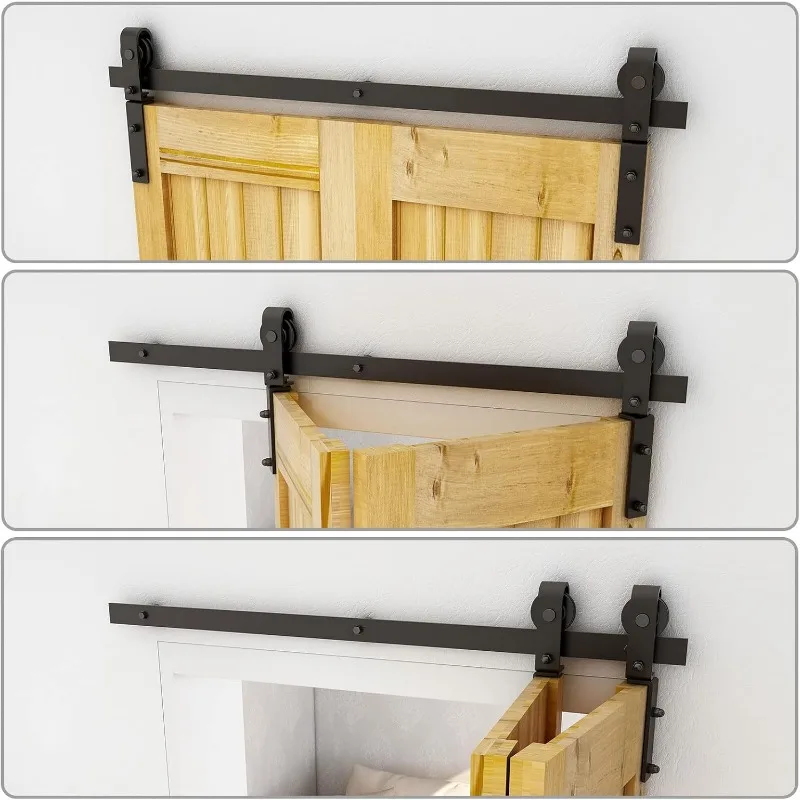 مجموعة أدوات باب الحظيرة المنزلقة ثنائية الطي مقاس 96 بوصة لبابين، تنزلق بسلاسة وهادئة، أسطوانة على شكل حرف J للمسار الأسود، بدون باب