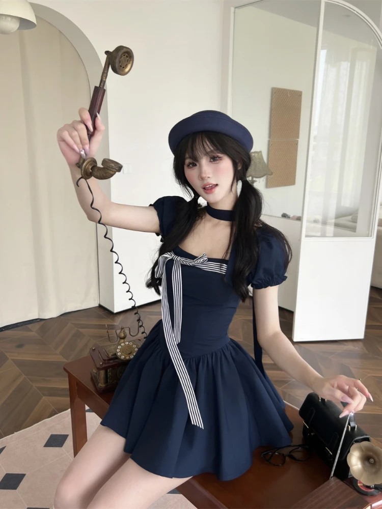 French Vintage Short Party Dress Women Sweet Japanese Mini Dress Casual  Short Sleeve Stripe Lace-up Korean Fashion Chic Female - AliExpress  200000345