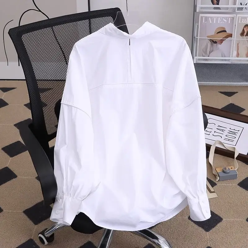 2023 Autumn New In Korean Fashion Off Shoulder Cotton White Shirt Woman Basic Long Sleeve Loose Casual Shirt Button Up Tops