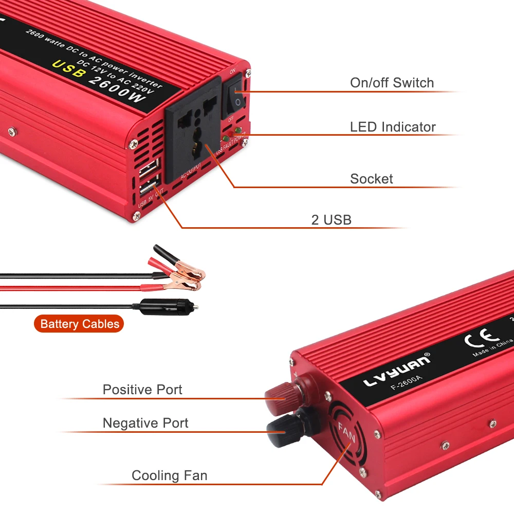 2600W Inverter 12V to 220V 230V voltage converter transformer car cigarette lighter dual USB Universal Socket auto accessories