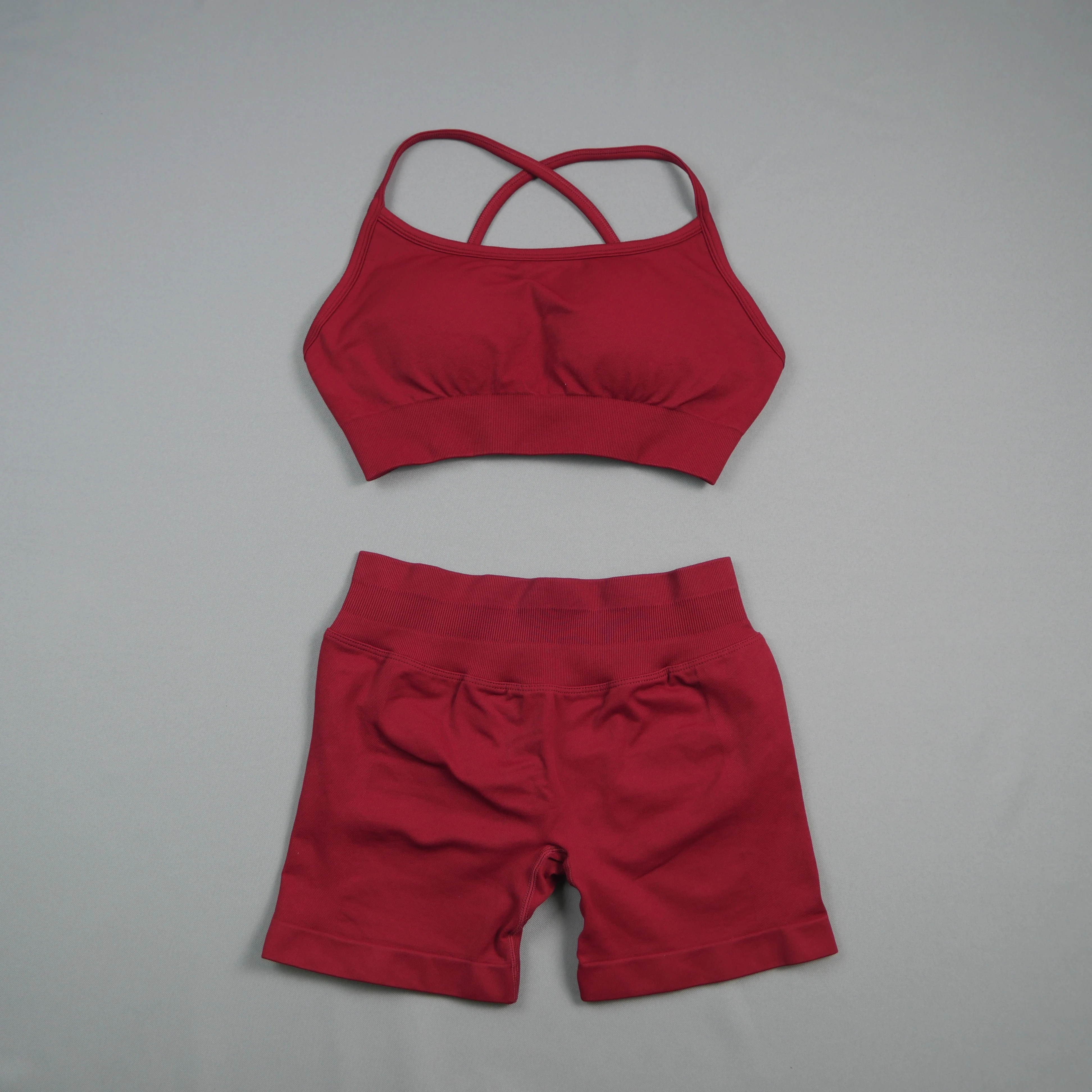 Nahtloses 2-teiliges Yoga-Set für Damen, Sport-BH mit überkreuzten Trägern, Shorts mit hoher Taille, gerippt, Bauchkontrolle, weiches, dehnbares Gym-Workout-Outfit – Detail 11