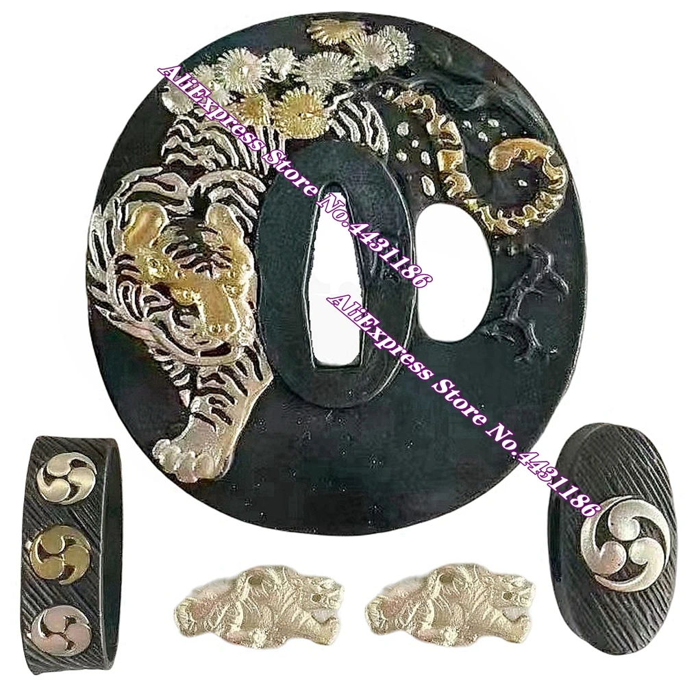 Tiger Theme Japan Sword Brass Hand-Guard For Katana/Wakizashi Assemble Accessory Set Tsuba+Menuki+Fuchi+Kashira Replace Fittings