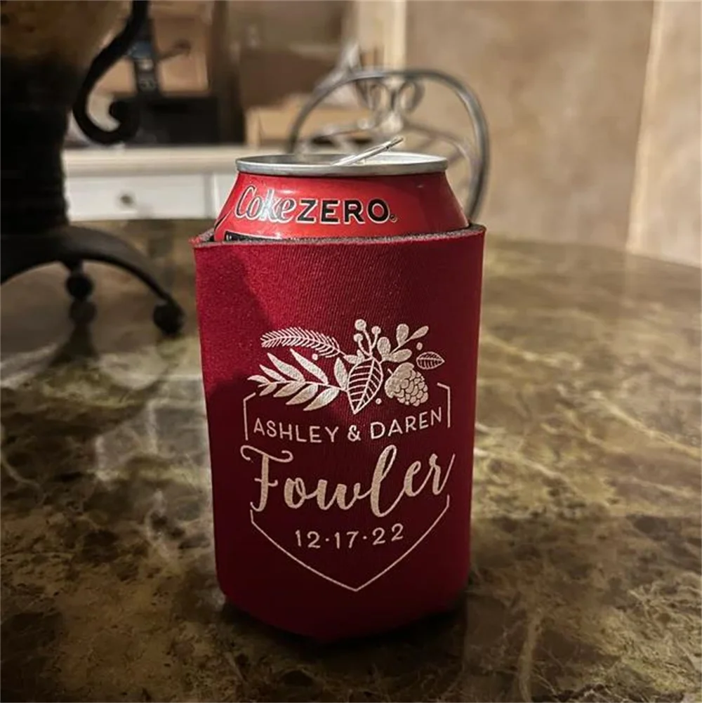 Tis The Season - Wedding Can Cooler #184R - Custom - Holiday Wedding Favors, Christmas Wedding, Beer Huggers, Wedding Favor, Bee