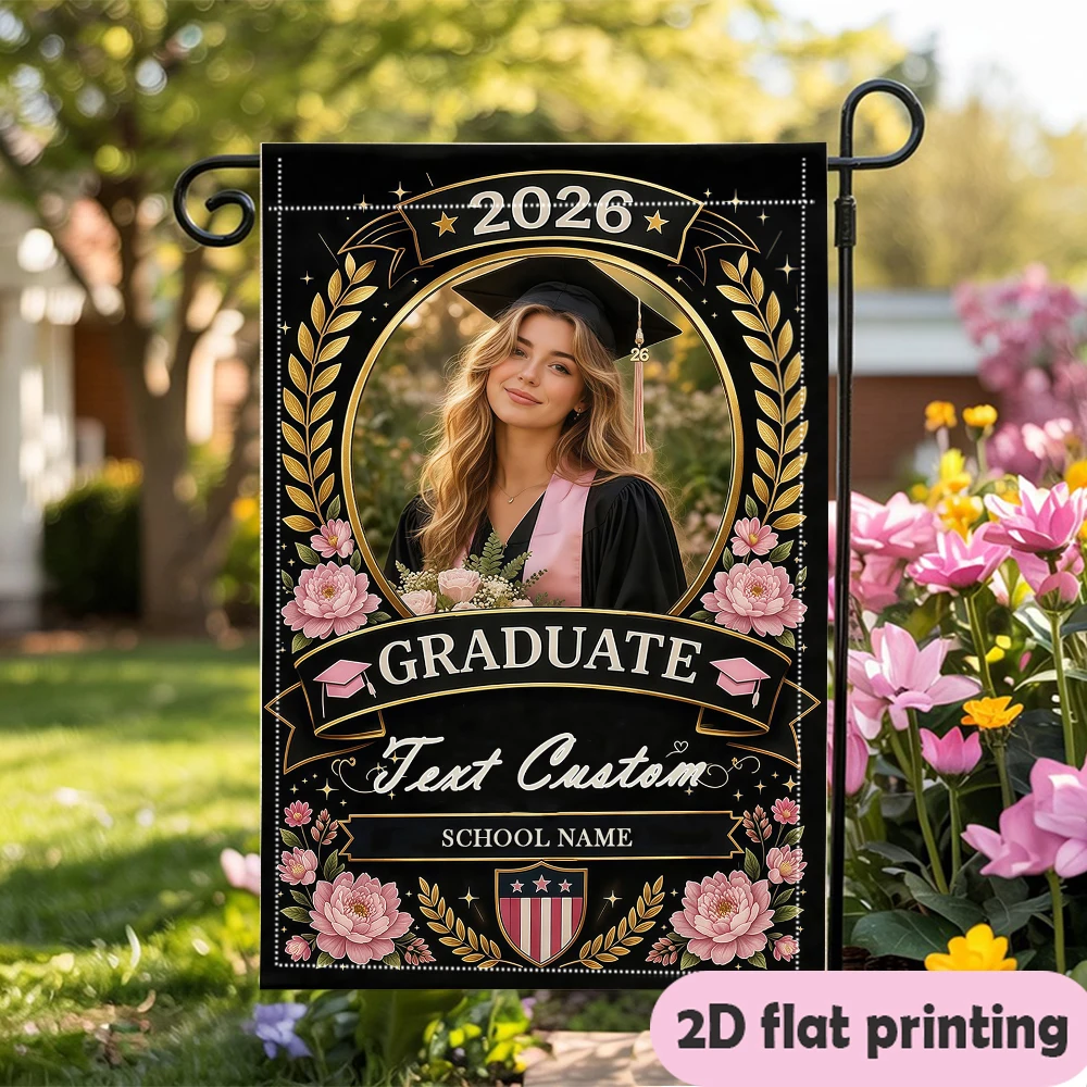 Garden flag custom Name Photo And School Name Black Gold Floral With Pink Peonies Durable decoration garden flag decoration