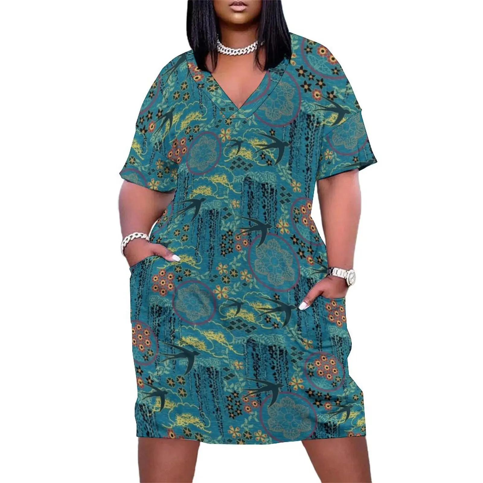 

Japanese Garden in Teal Gold Red and Black Loose Pocket Dress women dress summer dresses ladies 2025 evening dress women
