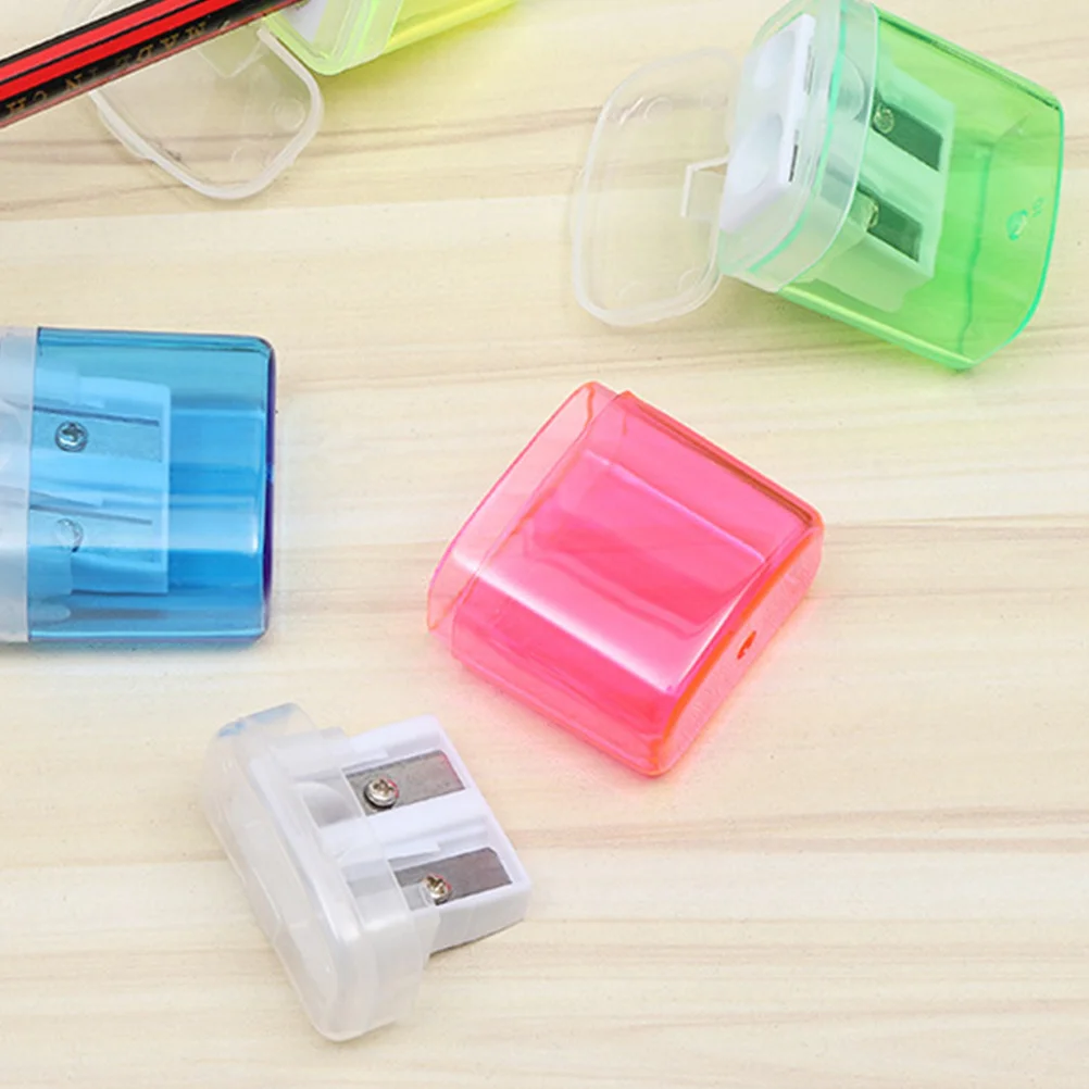 Taille-crayon en plastique à double trou, 12 pièces, plateau de copeaux Transparent anti-déversement, fourniture de papeterie Portable pour enfants étudiants