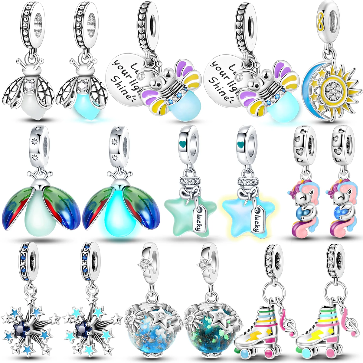 Luminous Charm Beads Silver Plated Constellations Firefly Jellyfish Bulb Star Moon Dangle Fit Original Pandora Bracelet Jewelry