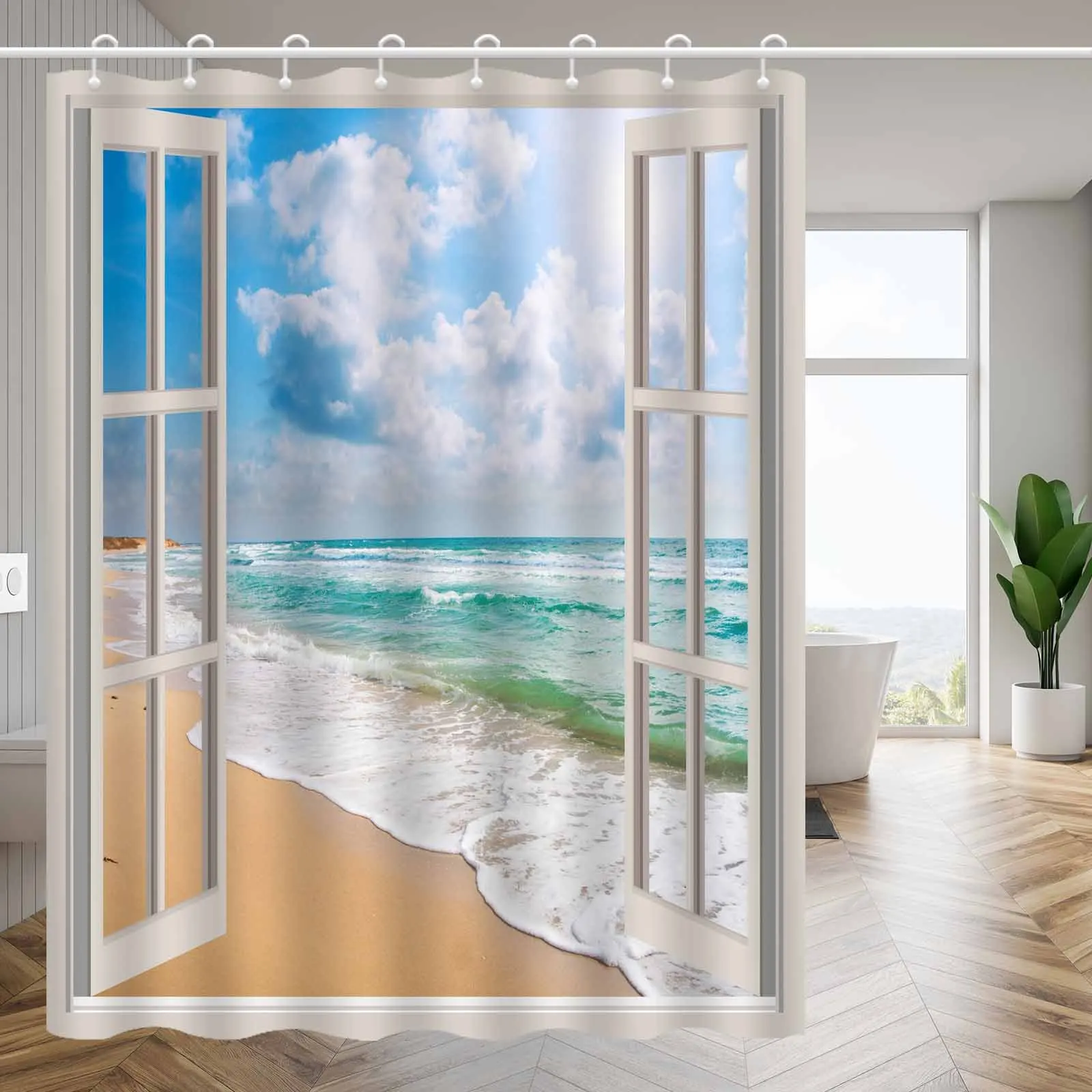

[Пляжная занавеска для душа] 1 шт. океанский пляж голубое небо белое облако пейзаж-высококачественная элегантная занавеска для ванной комнаты-украшение для ванной комнаты