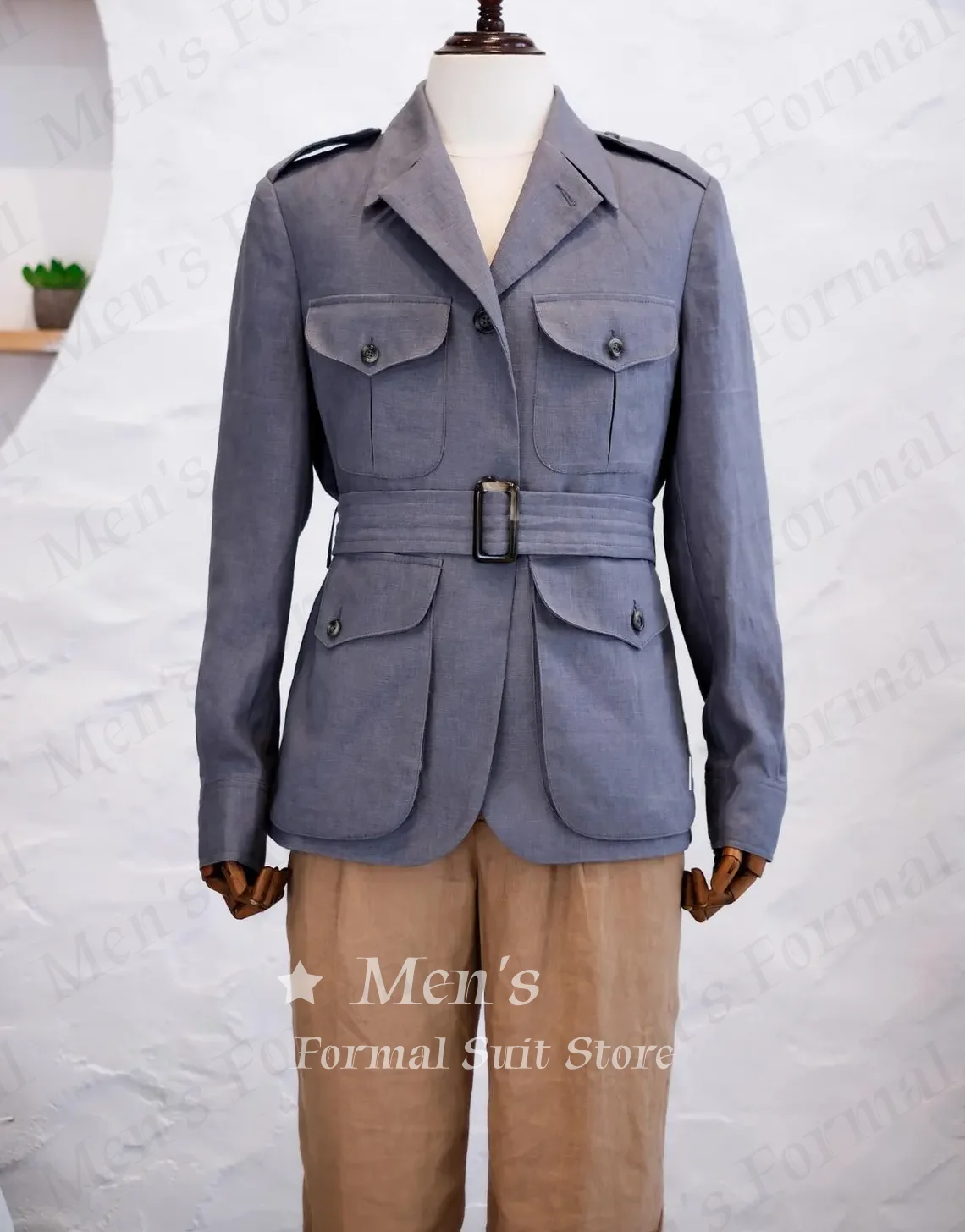 2 Pieces British Cream White Linen Mens Safari Suit Multi Patch Pocket Relaxed Fit Jacket Breathable Light Fabric Customized