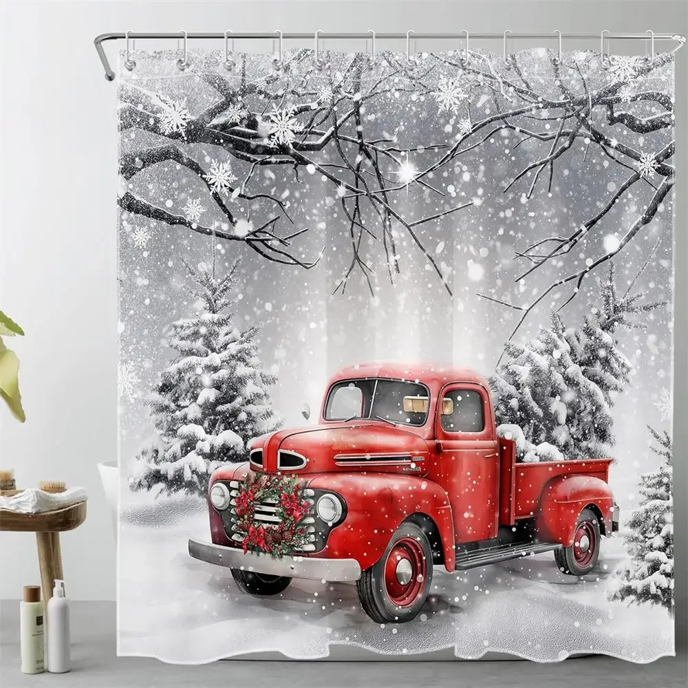 Christmas Shower Curtains Farm Red Truck Santa Claus Snowman Xmas Trees Winter Forest New Year Wall Hanging Home Bathroom Decor