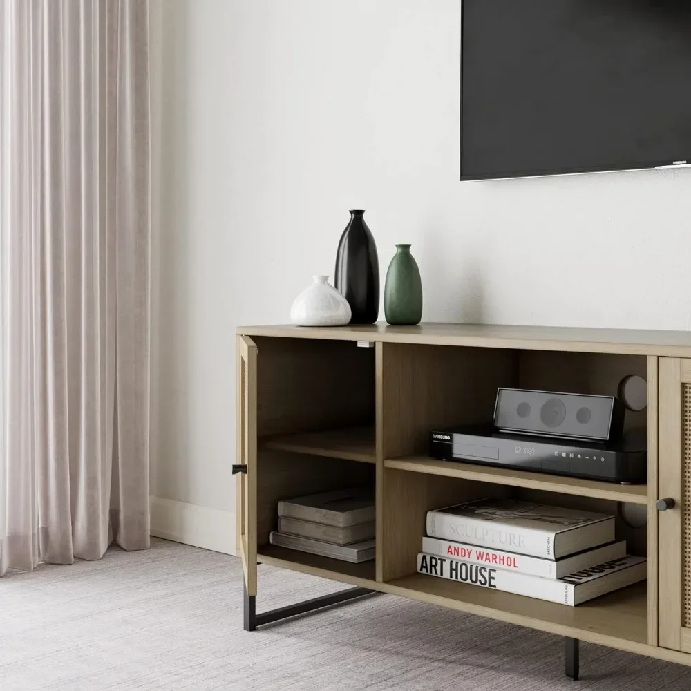 Soporte de TV moderno de Mina 74101, mueble de entretenimiento, consola de medios con acabado de madera de roble Natural y detalles en negro mate