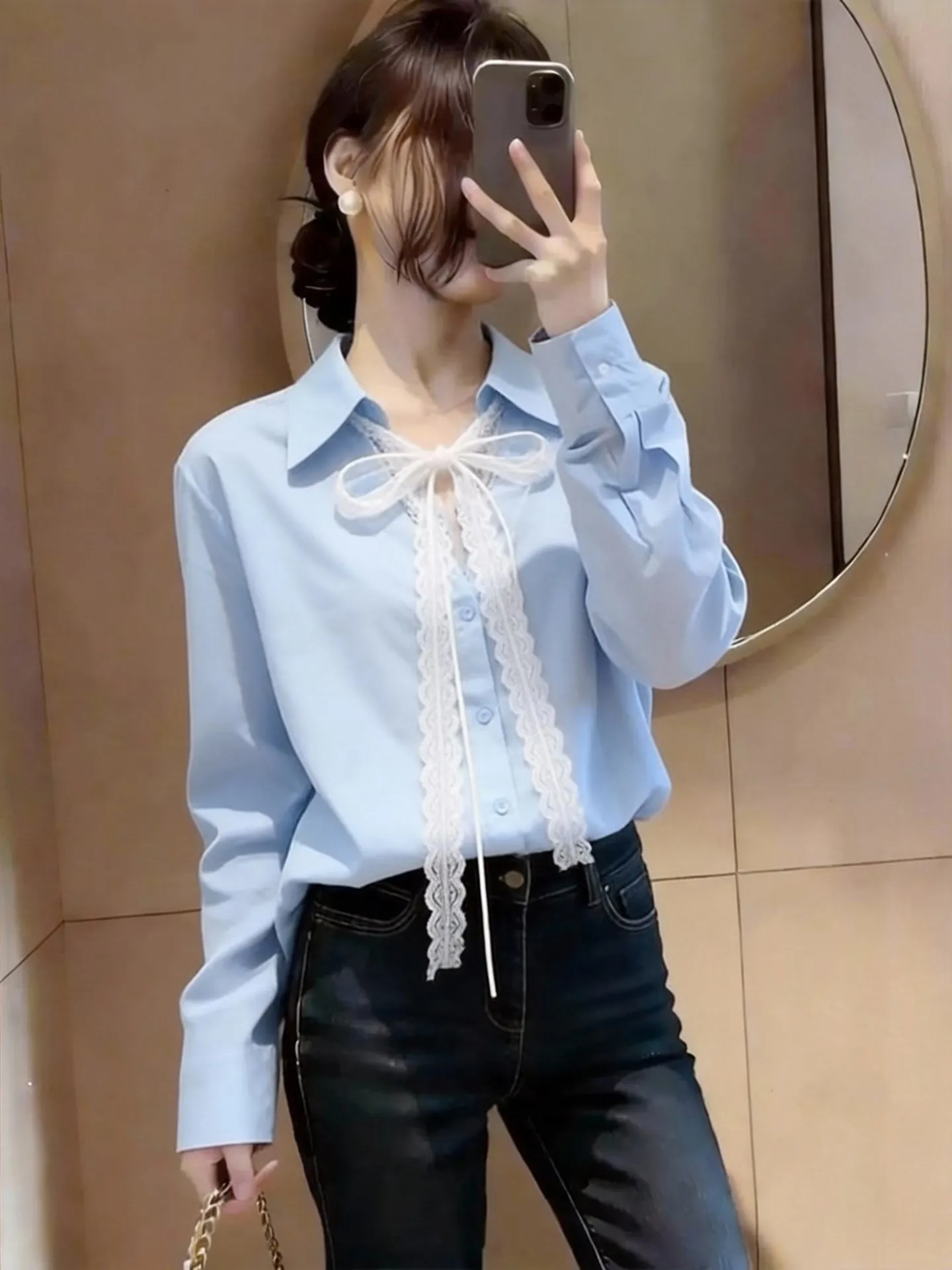 Camiseta de encaje azul con lazo, manga larga, estilo moderno para ir al trabajo, nueva llegada de primavera, ropa interior de talla grande para mujer