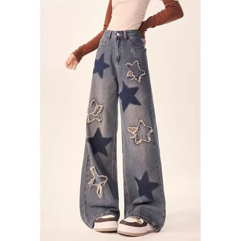 

Blue Jeans Printing High Street Casual Streetwear Europe and America Wide Leg Pants For Women Y2k Hip-hop Cargo Baggy Trousers