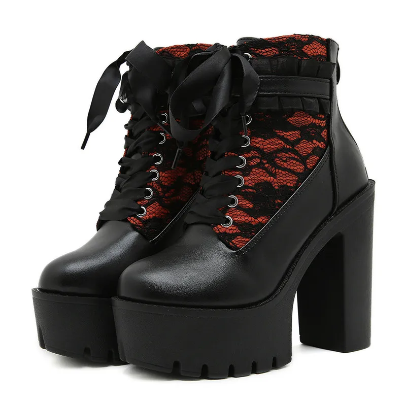 

Fashion Brand Gothic Lace Patchwork High Heel Ankle Boots for Women Vintage European Style Zipper Closure Chunky Platform Boots