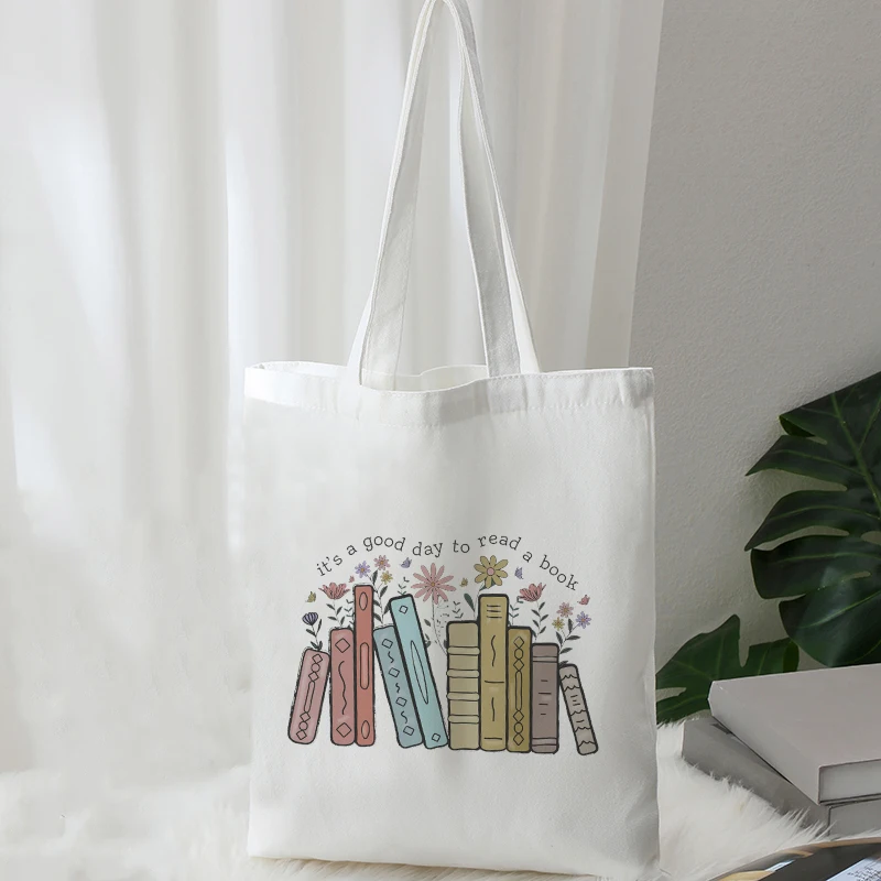 1pc It's a Good Day to Read Book Pattern Canvas Shopping Bag Portable Shoulder Bag, Large Capacity Shoppping Bag for Women Gifts