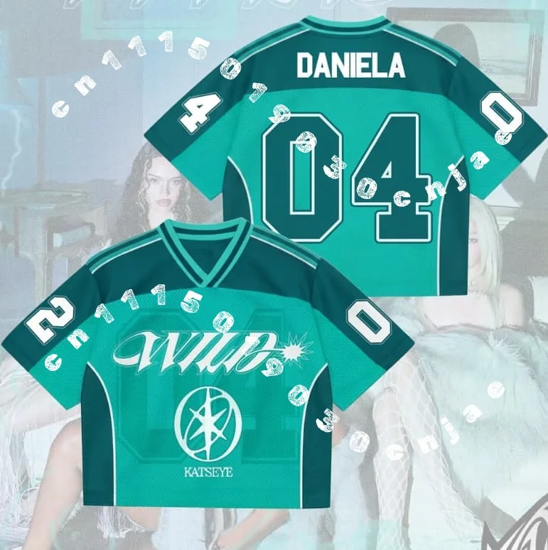 Kpop KATSEYE Yoonchae Tops Solid Teal Crop V Neck Sports Jersey Breathable Mesh Tee Family Matching Parent Child Fans Uniform