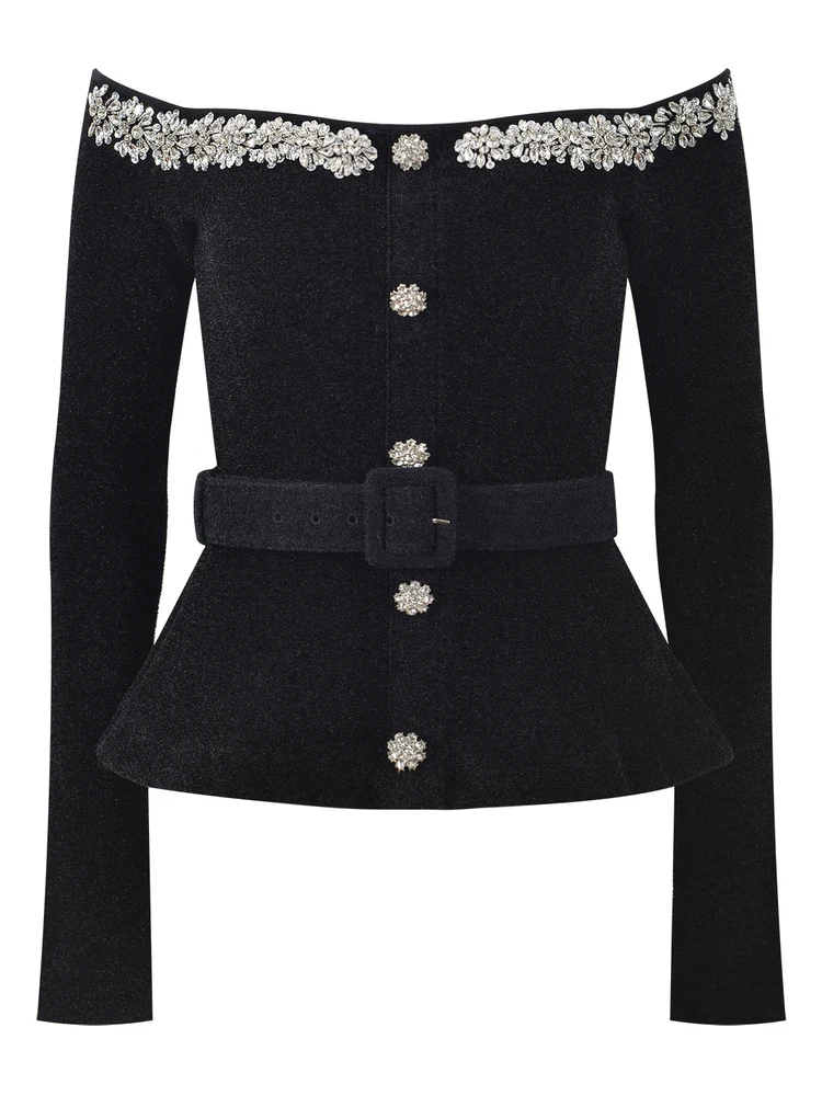 เสื้อไหมกำมะหยี่ถักแบบหรูหรา แขนยาวเปิดไหล่ ปักลายหนักสไตล์ฝรั่งเศส ผ้าไหมกำมะหยี่สำหรับฤดูหนาว ให้ความอบอุ่นสำหรับผู้หญิง...