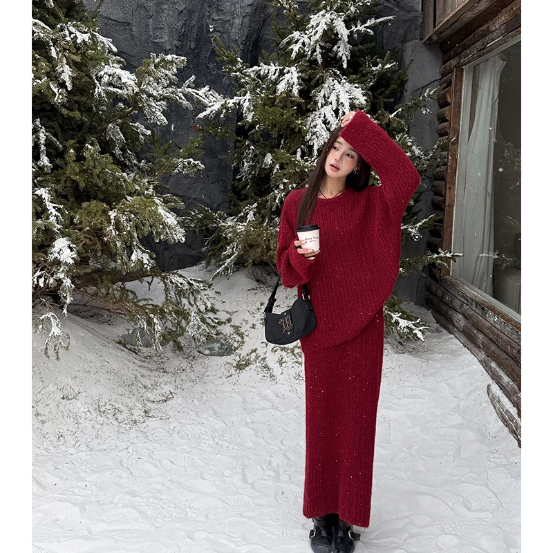 

Юбки, комплекты из двух предметов, женские комплекты 2022, осень-зима, однотонный вязаный пуловер с длинными рукавами, юбка, уличная одежда, свитер, женская одежда