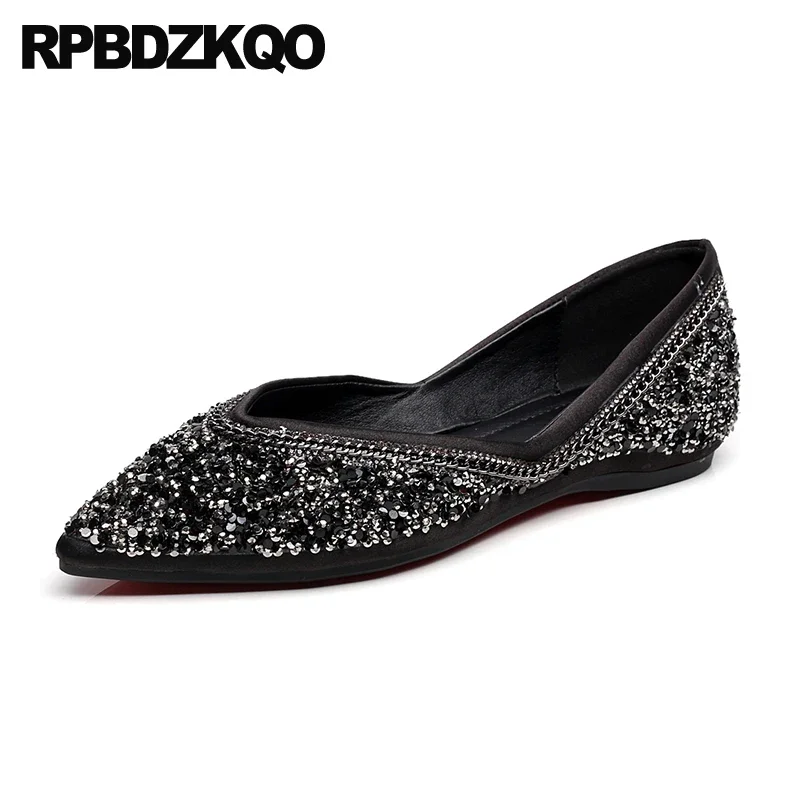 Pointed Toe Sparkling Flats Women Metal 34 Sparkly Diamond Silk Cinderella Bling Slip On Satin Rhinestone Chain Crystal Shoes