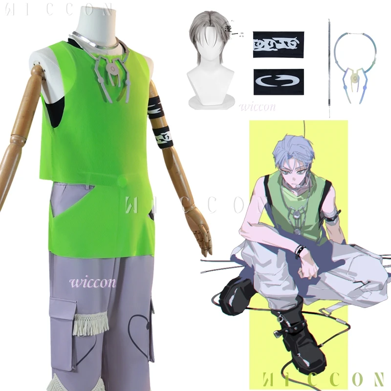 Anime Cos ALIEN STAGE TILL 코스프레 옷 R7 Blink Gone 가발 복장 Till Costume Prop Armband 녹색 조끼 성능 할로윈 P