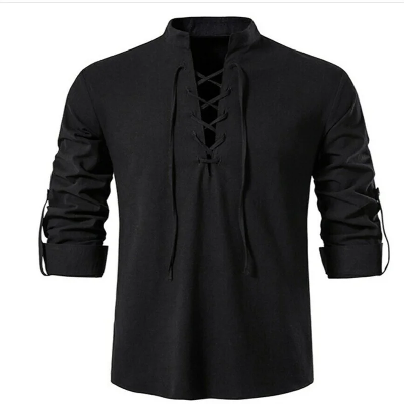 2022 New Men\'s V-neck shirt T-shirt Fashion Vintage Thin Long Sleeve Top men Casual Breathable Viking Front Lace Up man Shirts